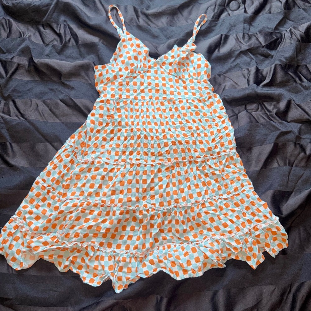 Just Polly Sundress Womens Large Orange Blue Checkered Tiered Boho Cottagecore